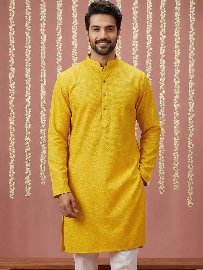 men embroidered mandarin collar long kurta