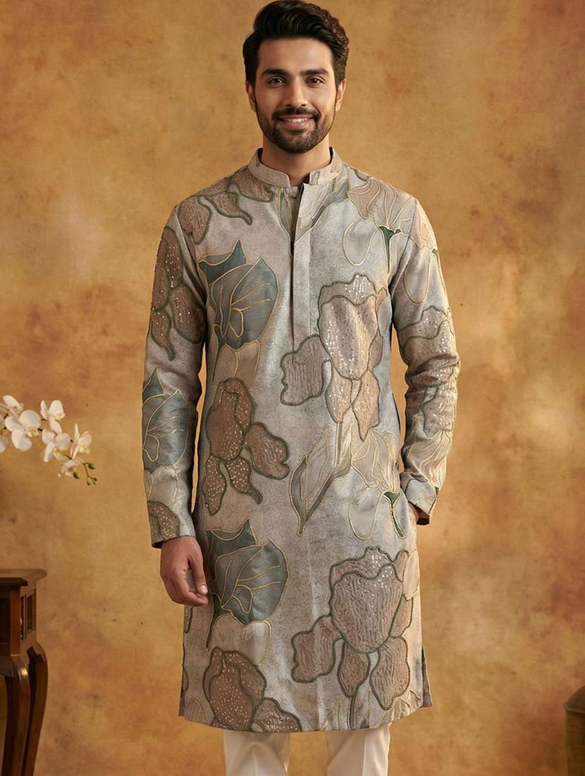 men embroidered mandarin collar long kurta