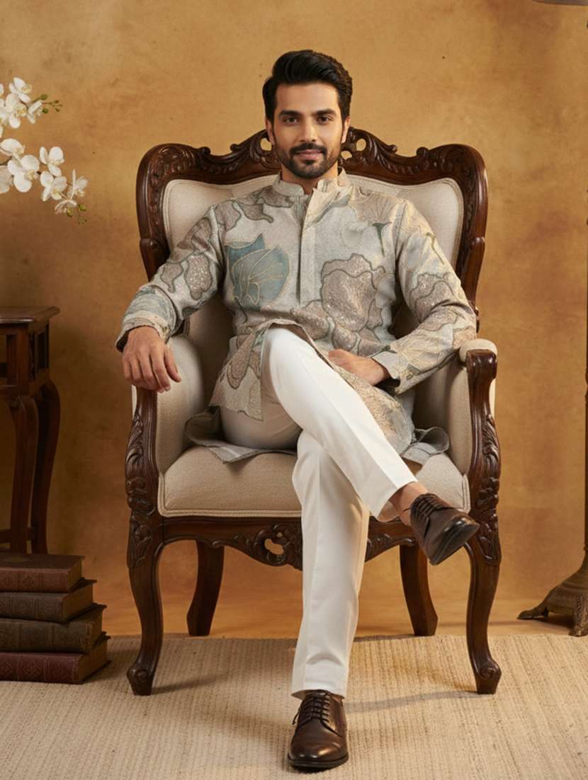 men embroidered mandarin collar long kurta - 22377495 -  Standard Image - 5