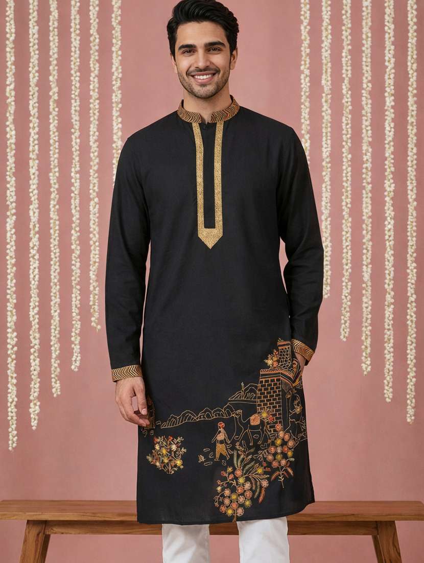 men embroidered mandarin collar long kurta