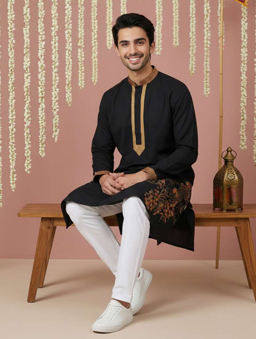 men embroidered mandarin collar long kurta - 22377496 -  Standard Image - 5