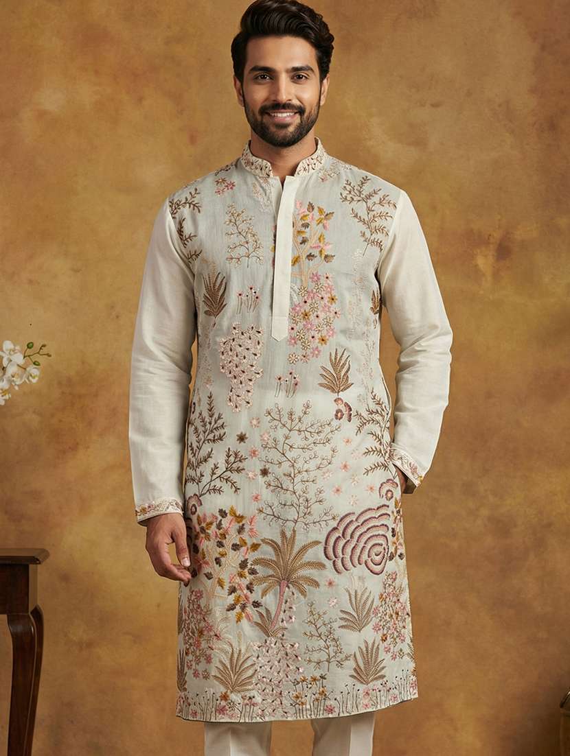 men embroidered mandarin collar long kurta