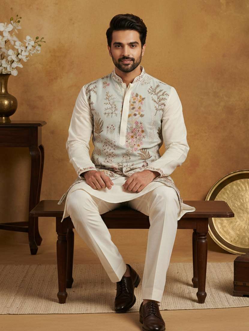 men embroidered mandarin collar long kurta - 22377497 -  Standard Image - 5