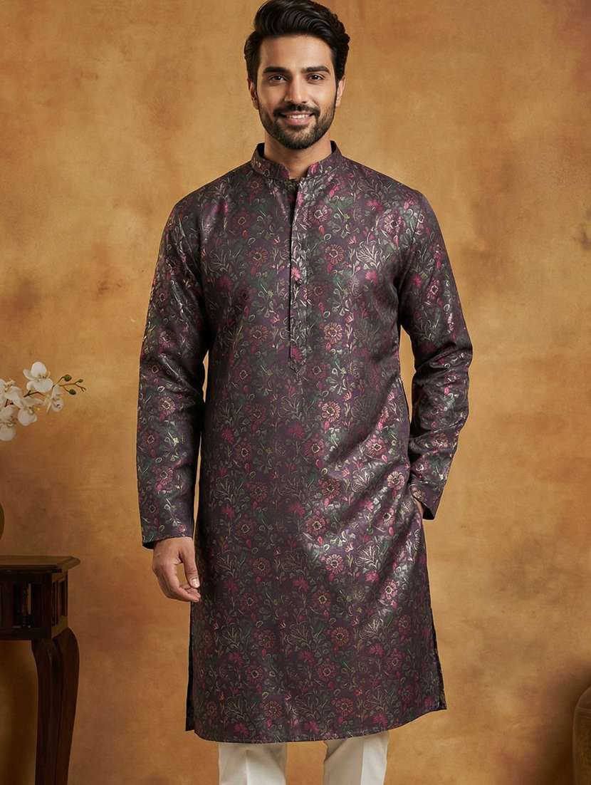 men floral print mandarin collar long kurta