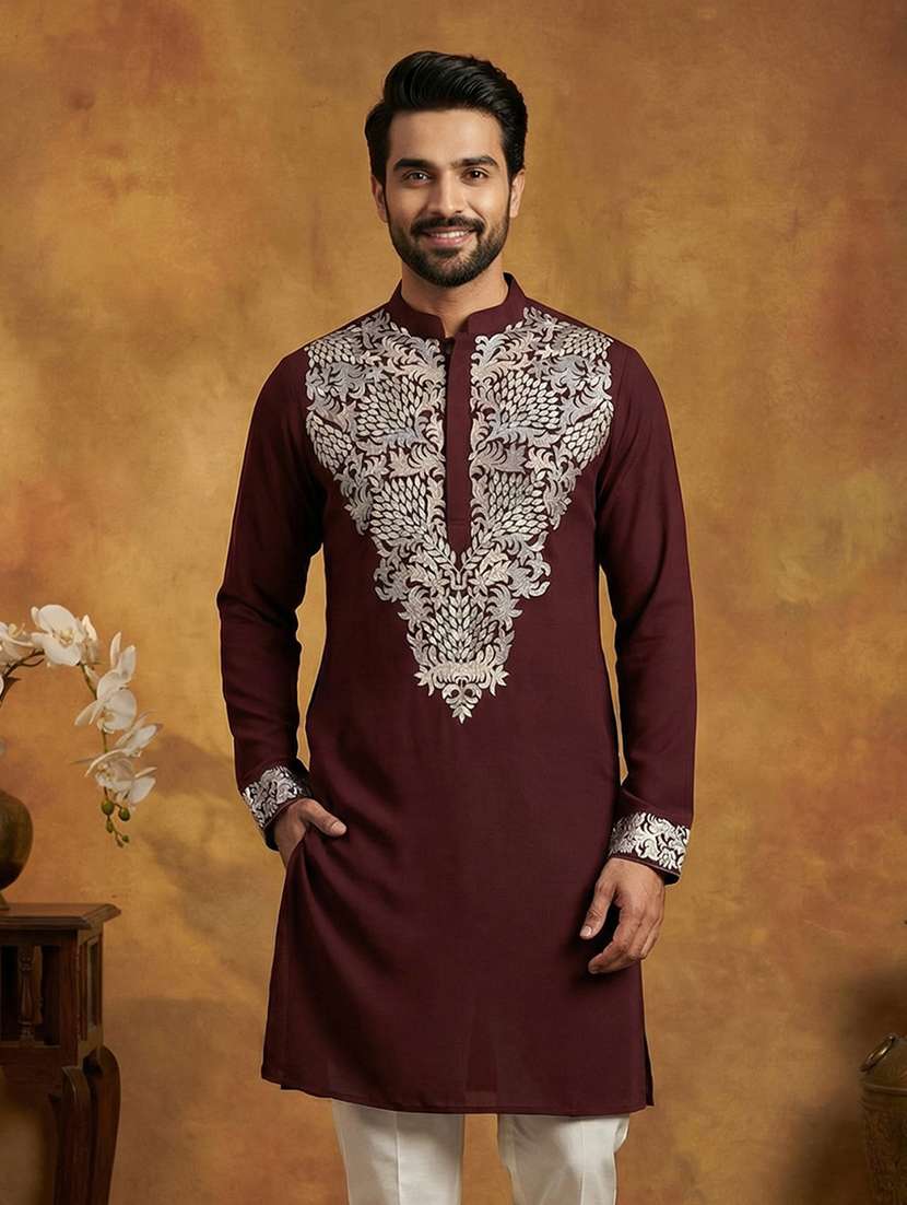 men embroidered mandarin collar long kurta