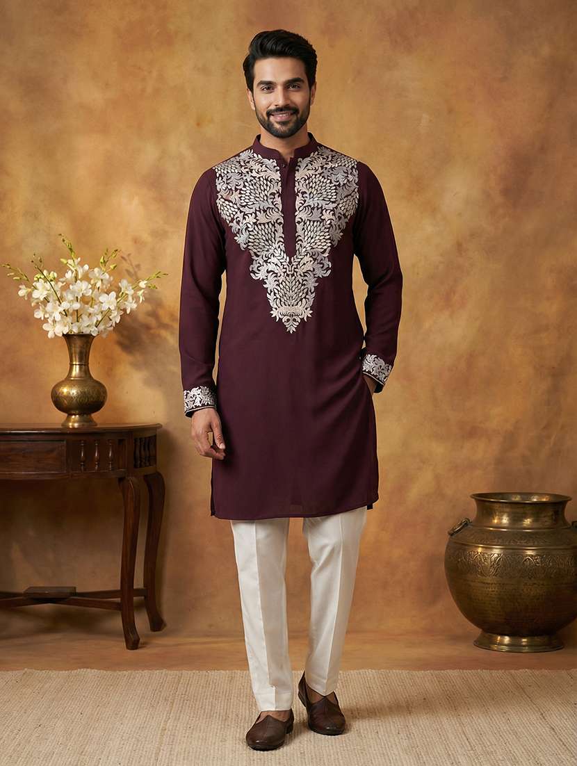 men embroidered mandarin collar long kurta - 22377500 -  Standard Image - 3