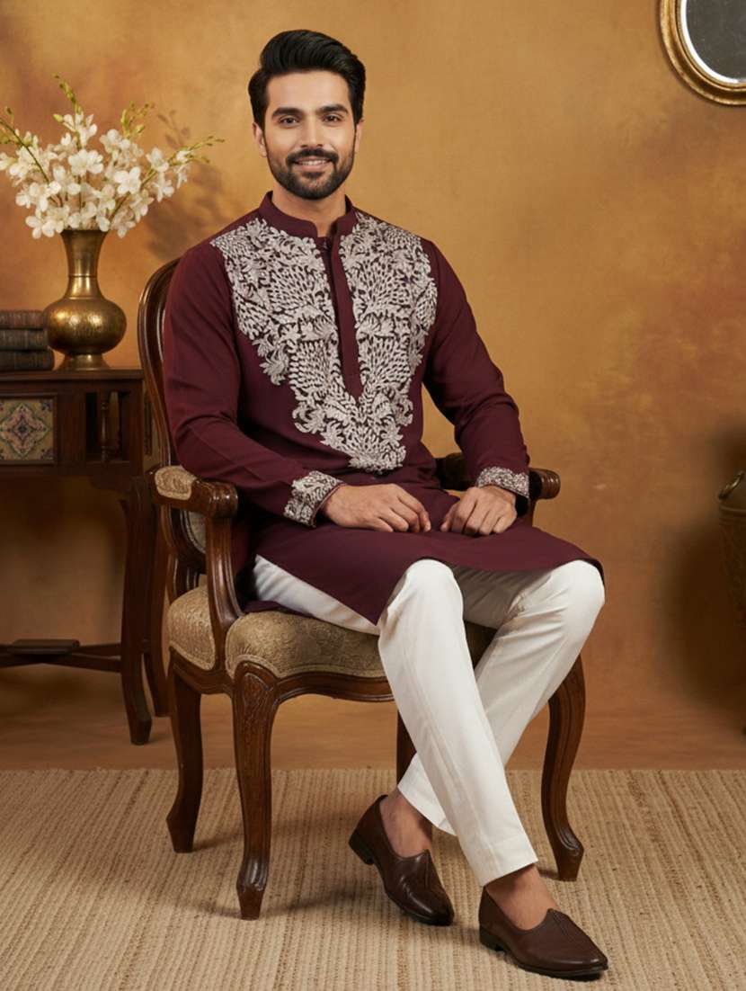 men embroidered mandarin collar long kurta - 22377500 -  Standard Image - 5