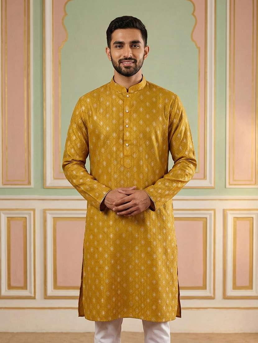men self designed mandarin collar long kurta