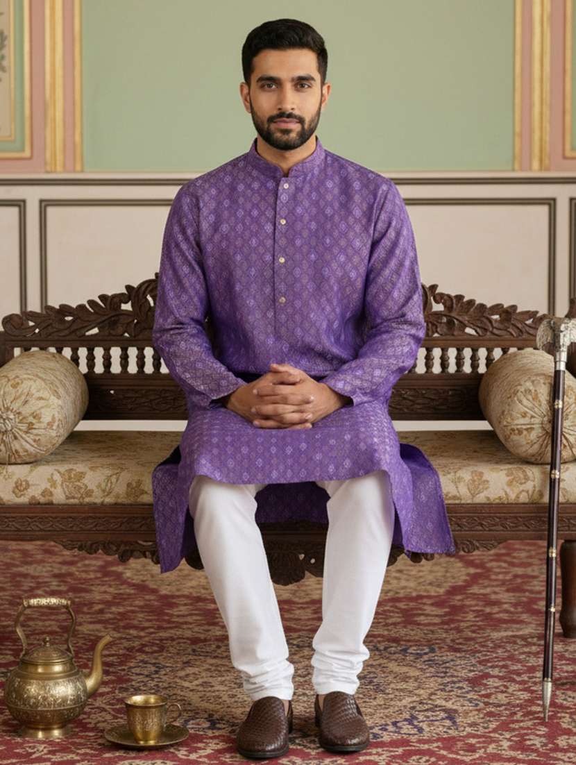 men printed mandarin collar long kurta - 22377506 -  Standard Image - 5