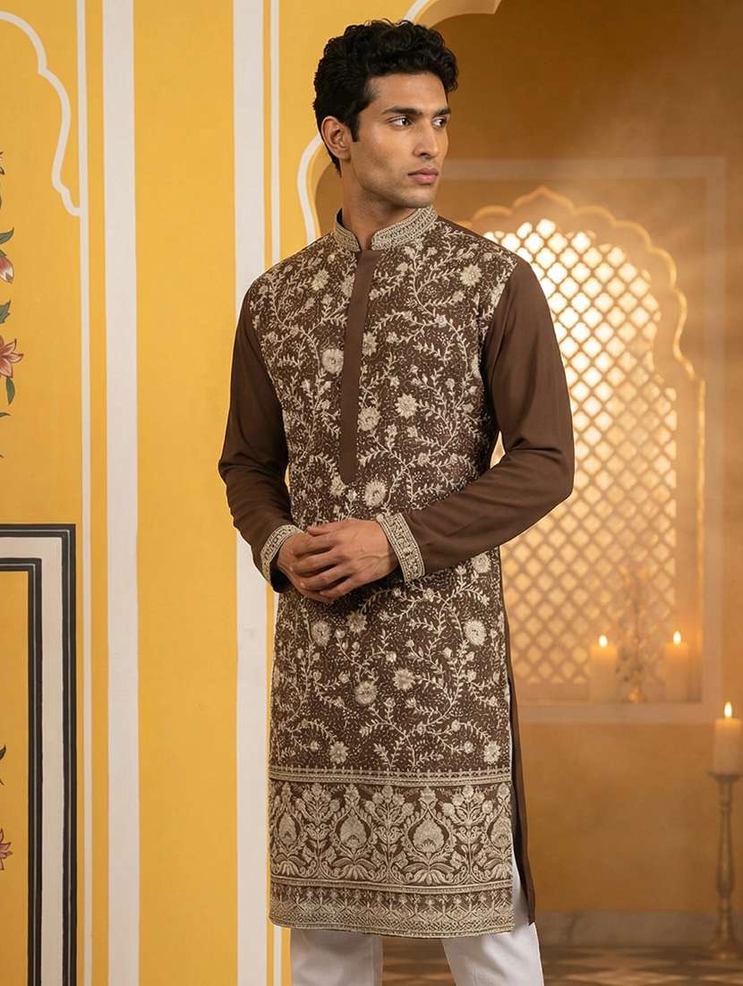 men embroidered mandarin collar long kurta