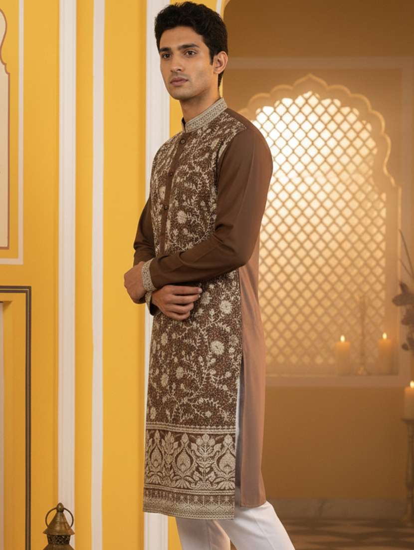 men embroidered mandarin collar long kurta - 22377508 -  Standard Image - 5