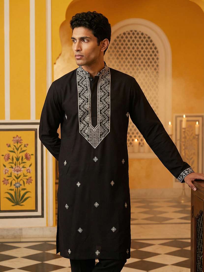 men embroidered mandarin collar long kurta