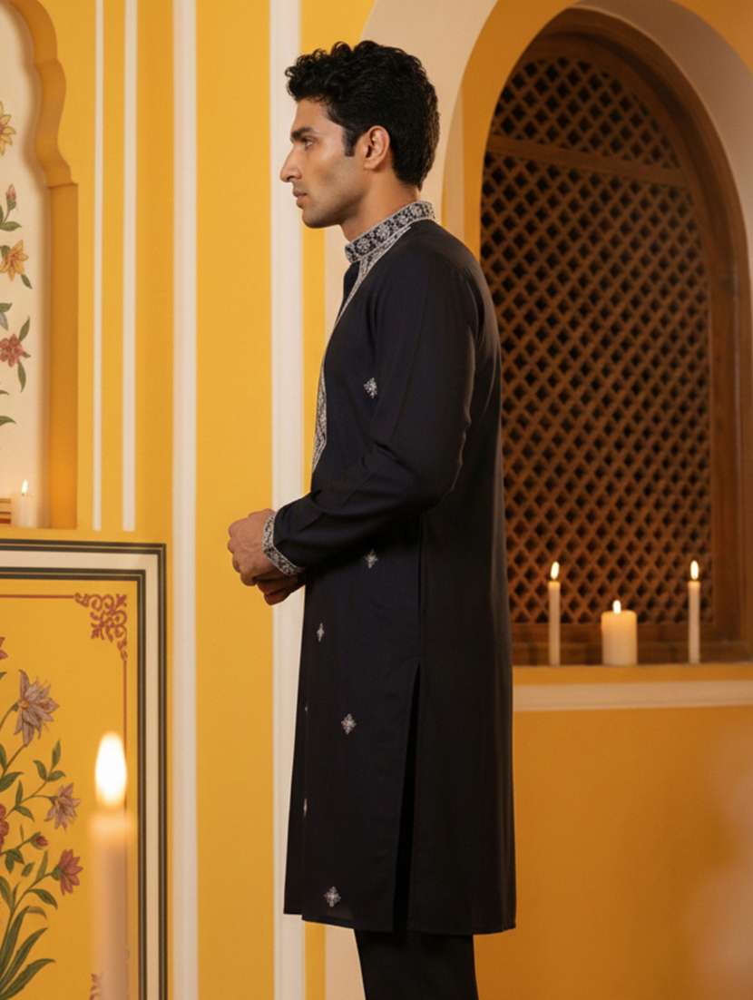 men embroidered mandarin collar long kurta - 22377510 -  Standard Image - 5
