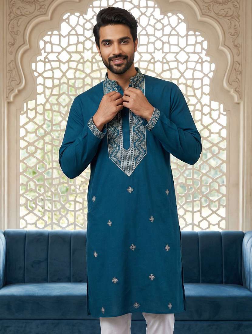 men embroidered mandarin collar long kurta
