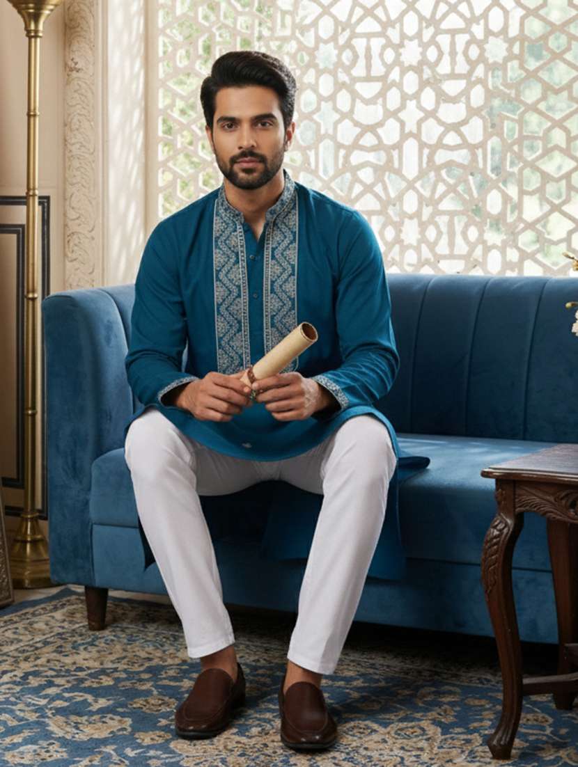 men embroidered mandarin collar long kurta - 22377511 -  Standard Image - 5