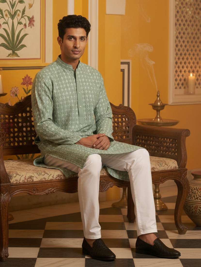men embroidered mandarin collar long kurta - 22377512 -  Standard Image - 5