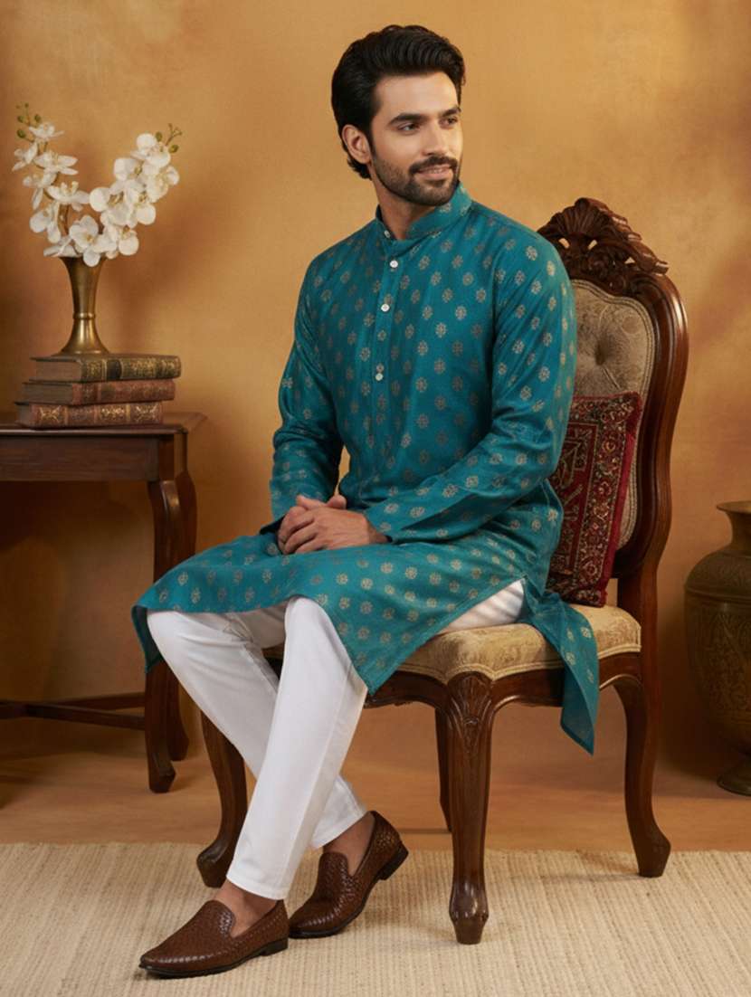 men printed mandarin collar long kurta - 22377514 -  Standard Image - 5