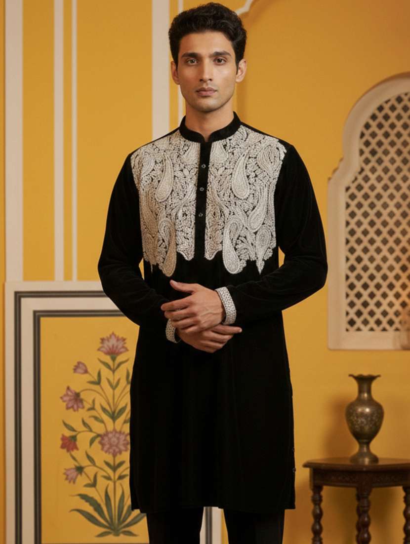 men embroidered mandarin collar long kurta