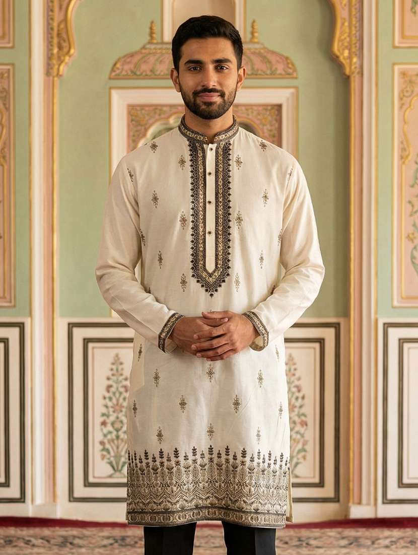 men embroidered mandarin collar long kurta