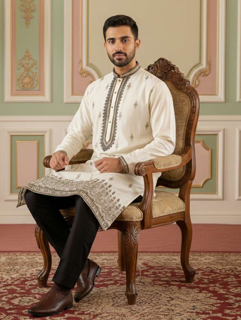 men embroidered mandarin collar long kurta - 22377519 -  Standard Image - 5