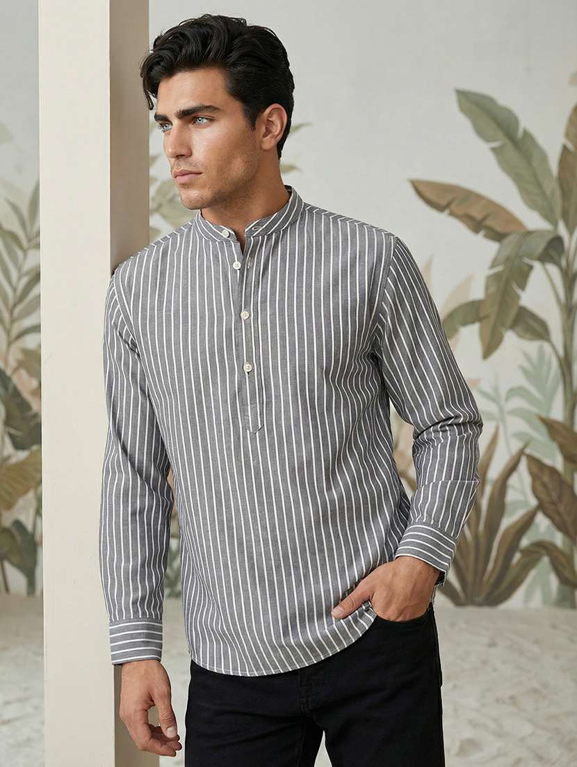 men striped mandarin neck long sleeve short kurta
