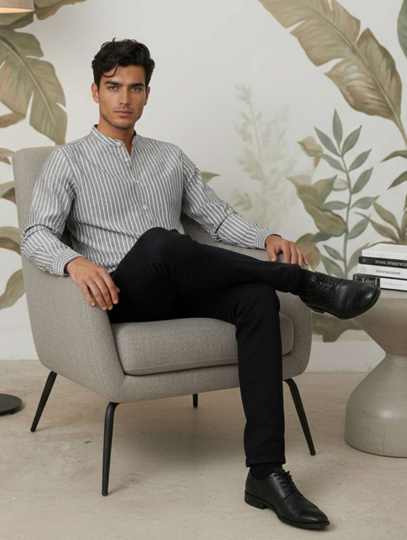 men striped mandarin neck long sleeve short kurta - 22377520 -  Standard Image - 3