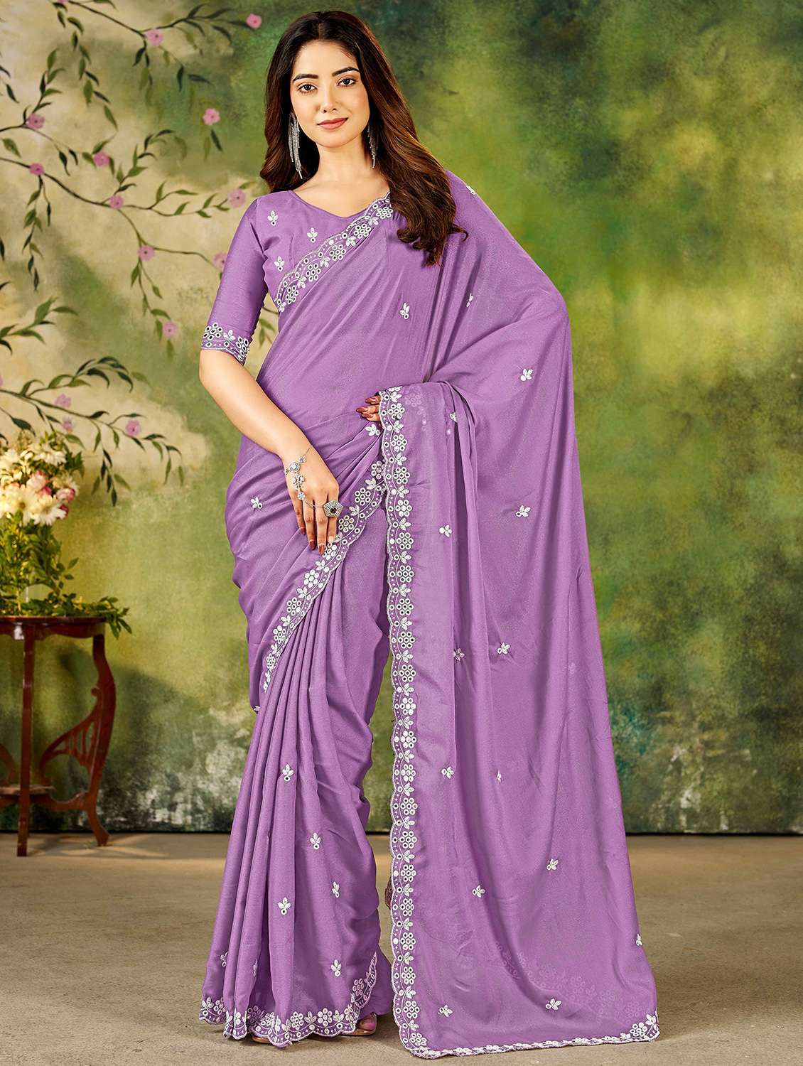 women solid with work embroidered saree with blouse