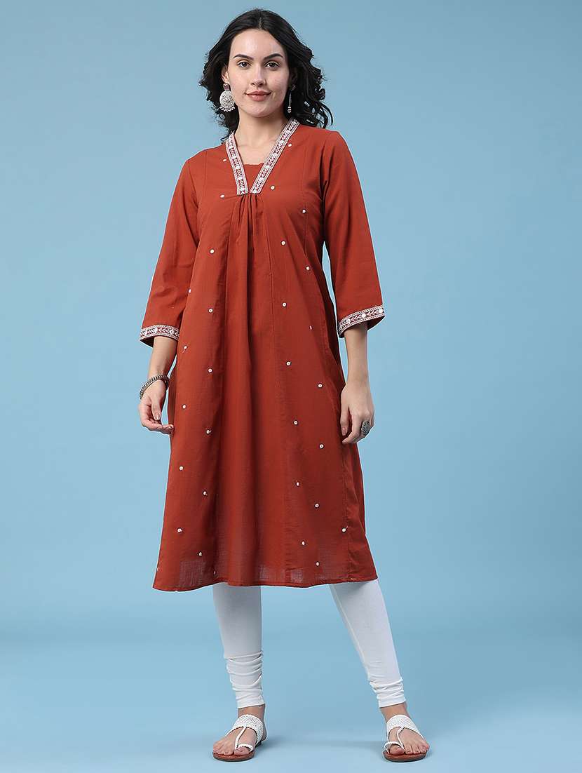 women embroidered three quarter sleeves a-line kurta - 22377688 -  Standard Image - 3