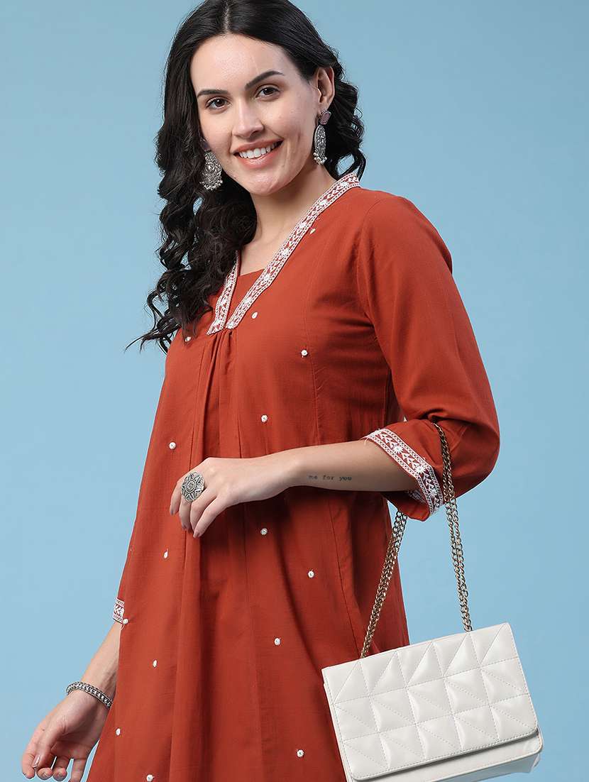 women embroidered three quarter sleeves a-line kurta - 22377688 -  Standard Image - 5