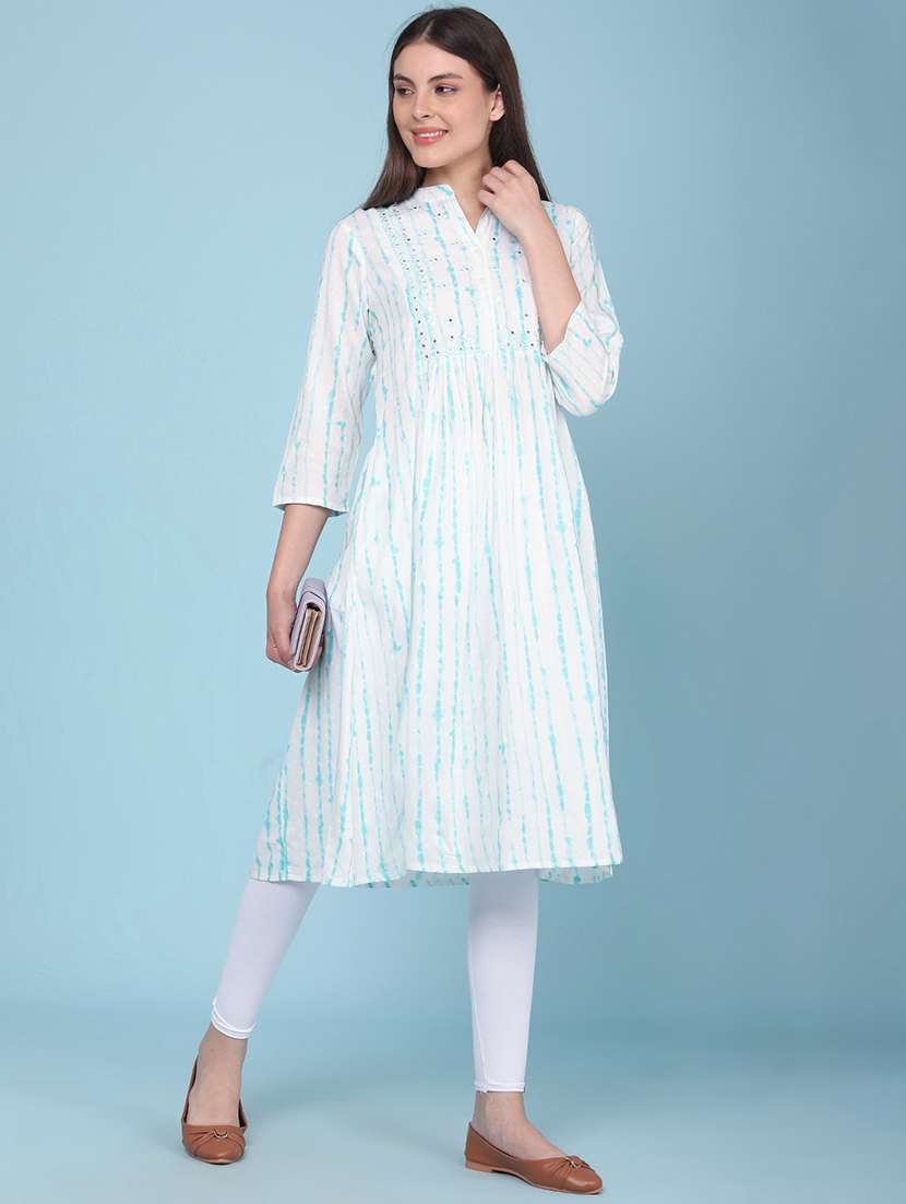 women printed three quarter sleeves a-line kurta