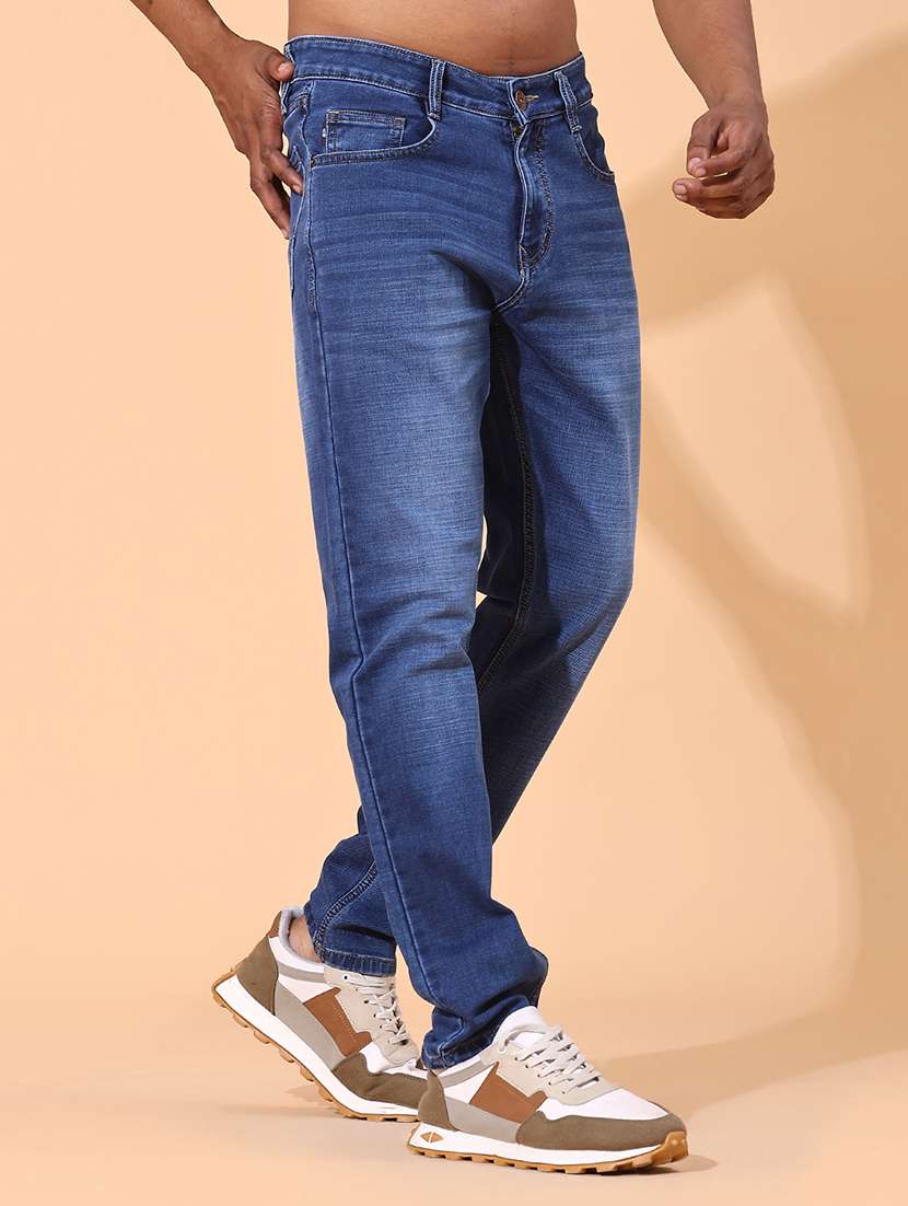 men washed mid rise tapered jeans