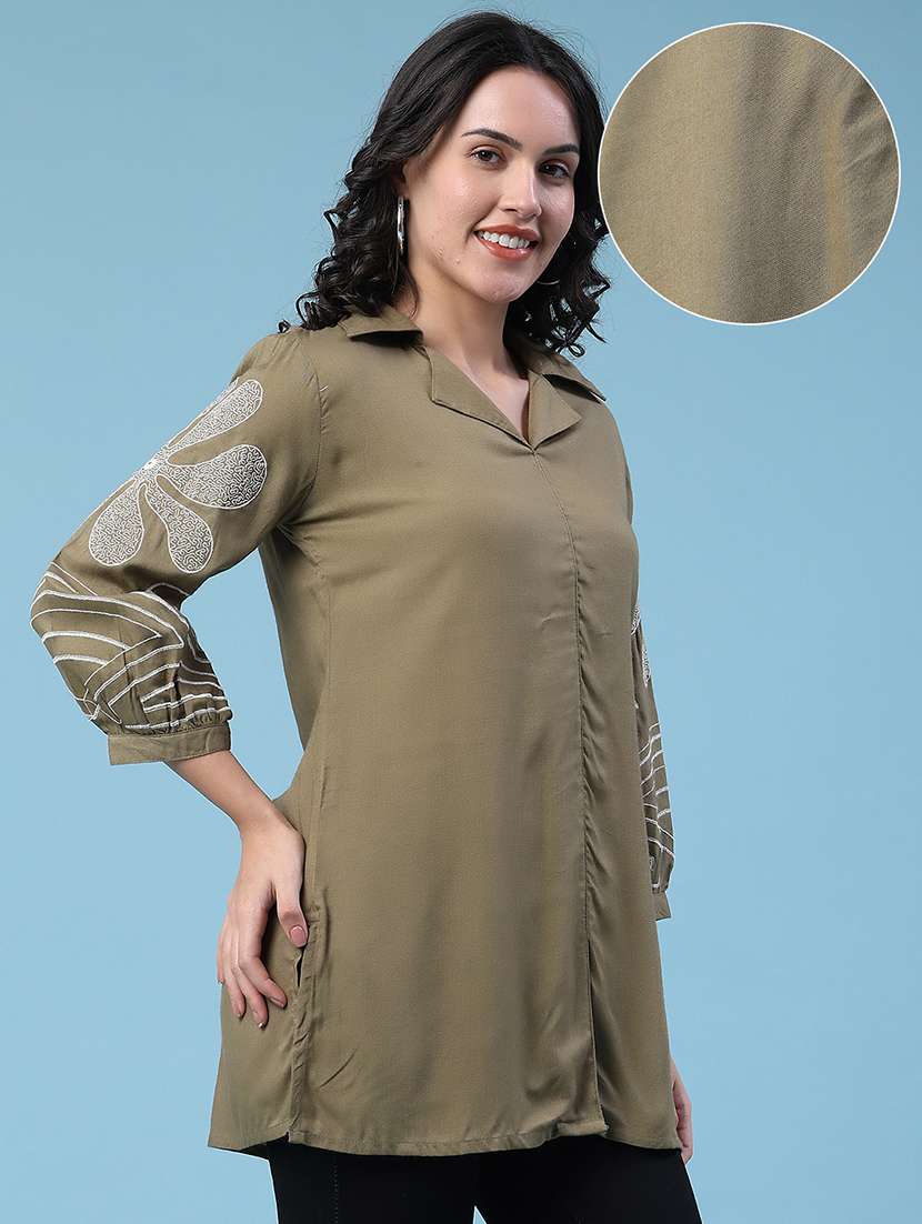 women embroidered three quarter sleeves straight kurti - 22377852 -  Standard Image - 3