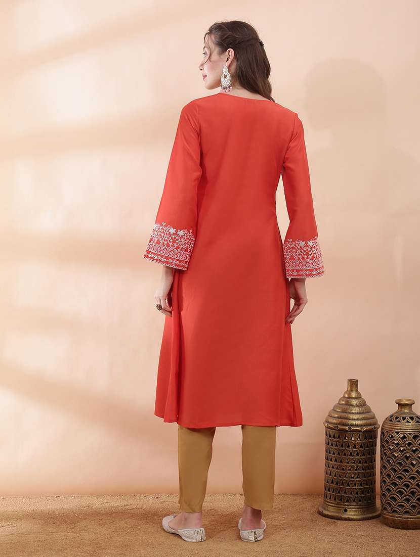 women solid with work long sleeve a-line kurta - 22378241 -  Standard Image - 3