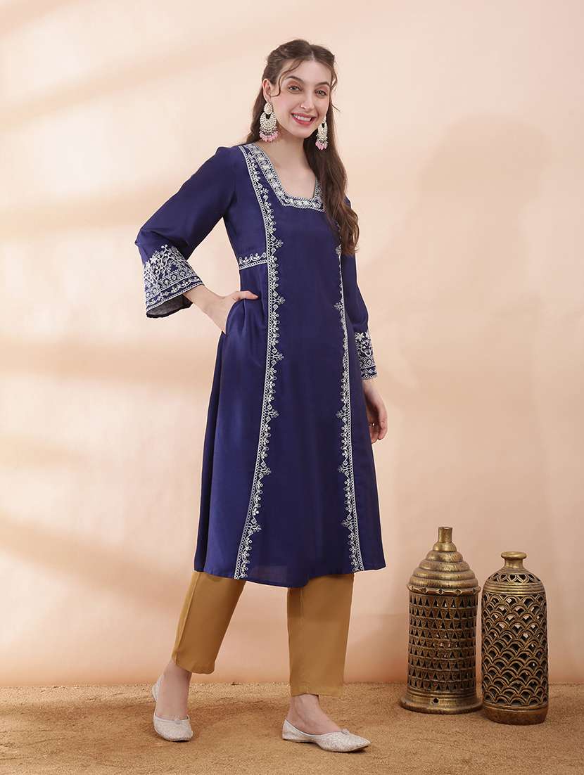 women solid with work long sleeve a-line kurta