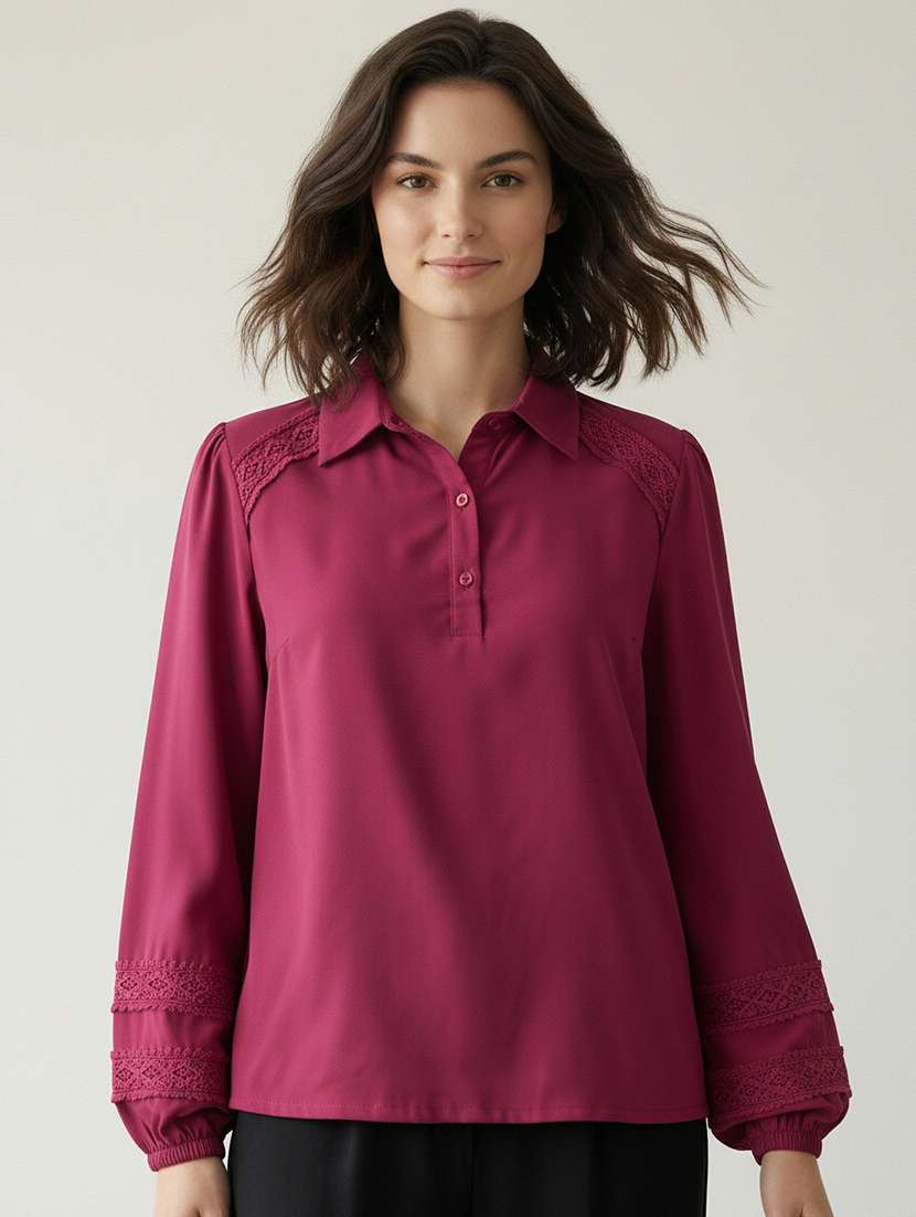 women solid collared bishop sleeve shirt top