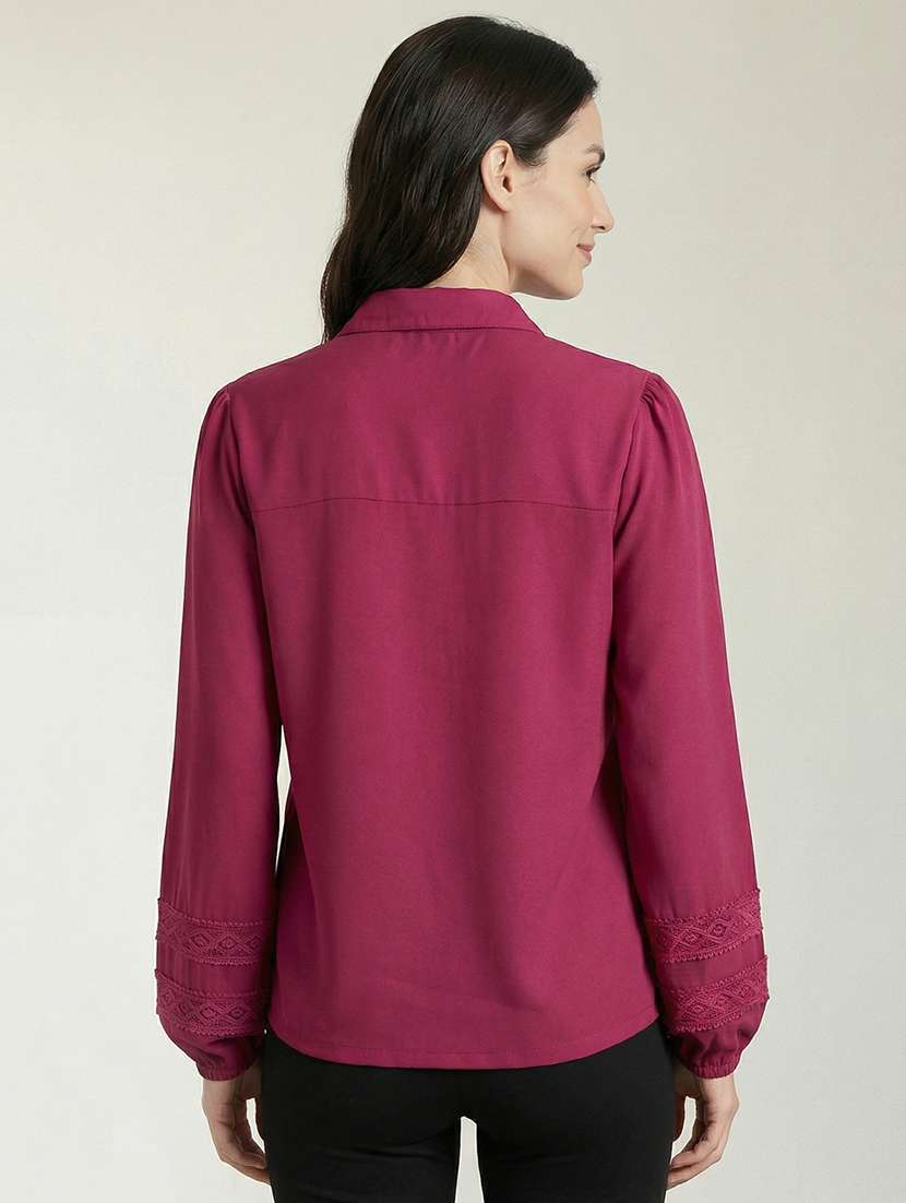 women solid collared bishop sleeve shirt top - 22378257 -  Standard Image - 3