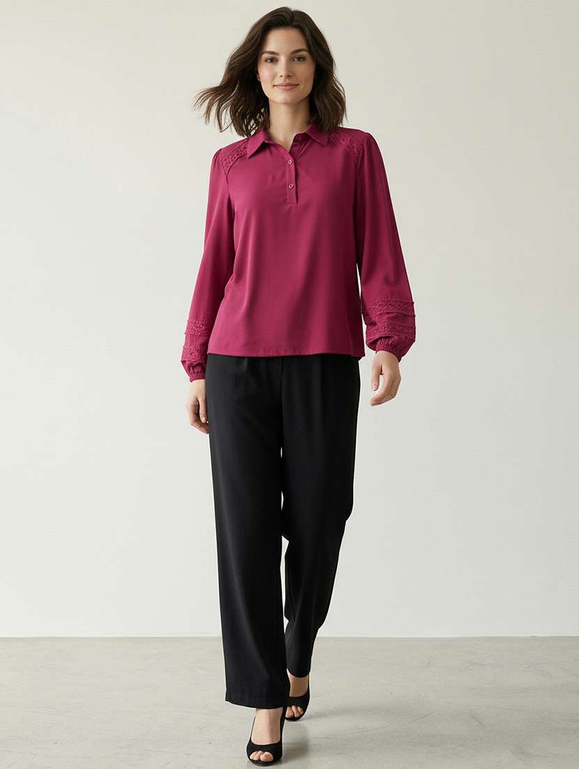 women solid collared bishop sleeve shirt top - 22378257 -  Standard Image - 5