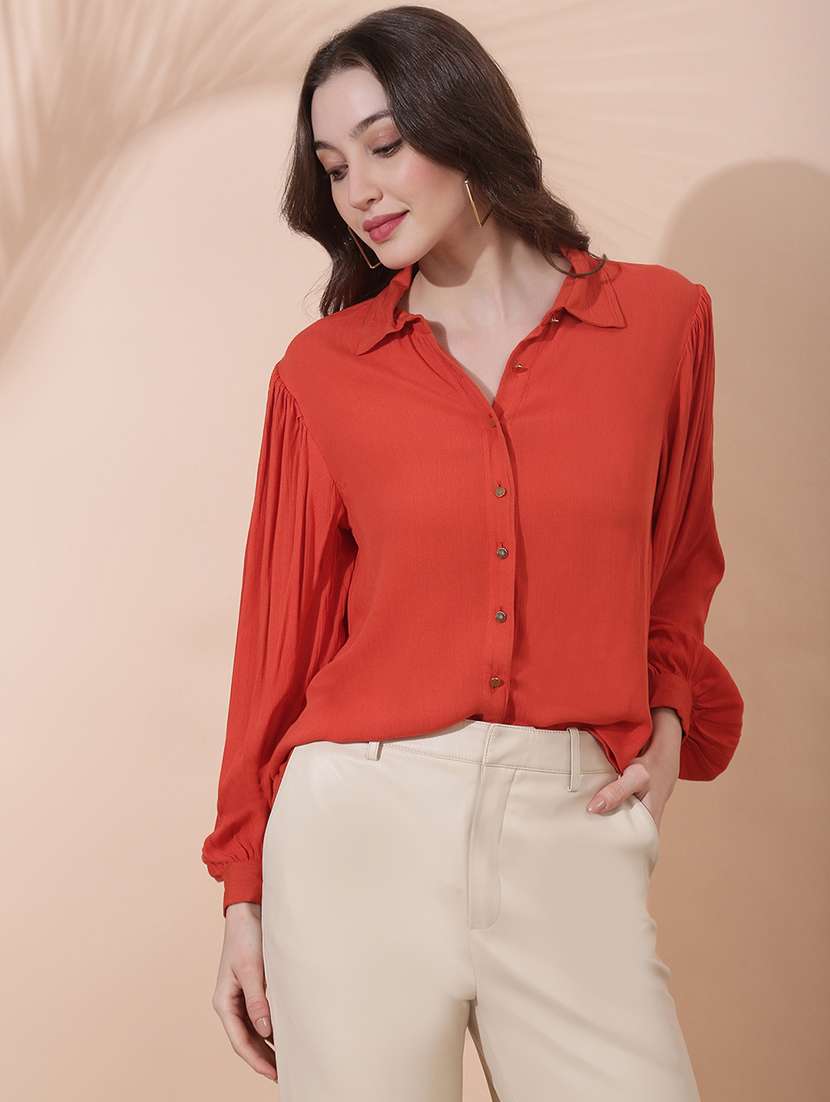 women solid collared long sleeve shirt