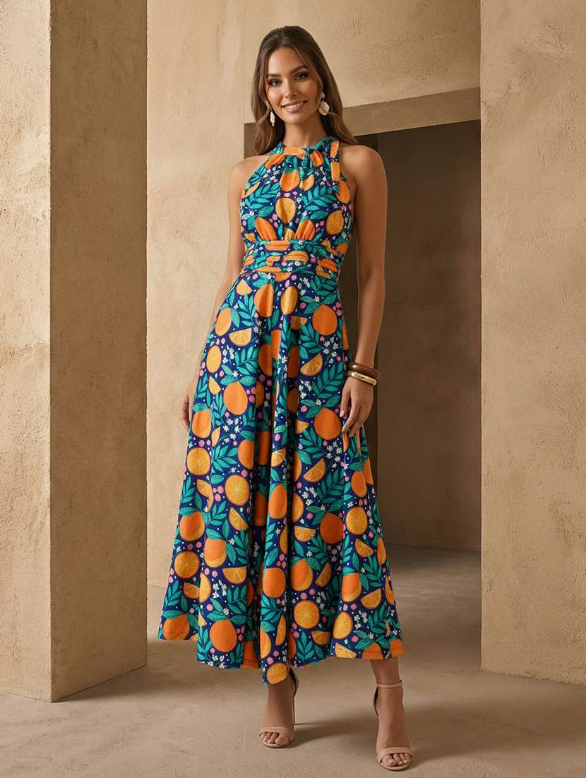 women printed halter neck sleeveless jumpsuit