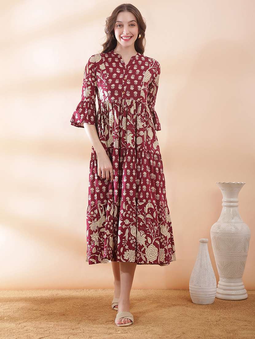 women floral printed bell sleeve ethnic dress