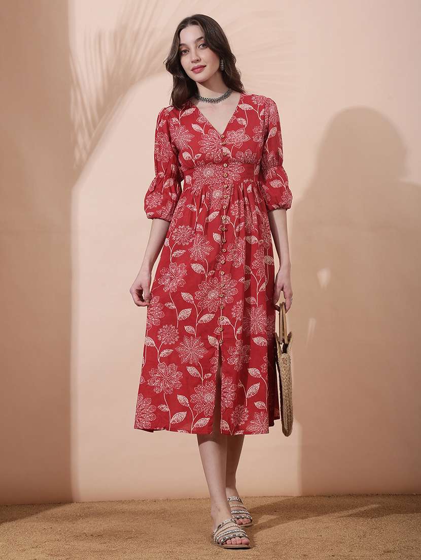 women floral printed puff sleeve ethnic dress