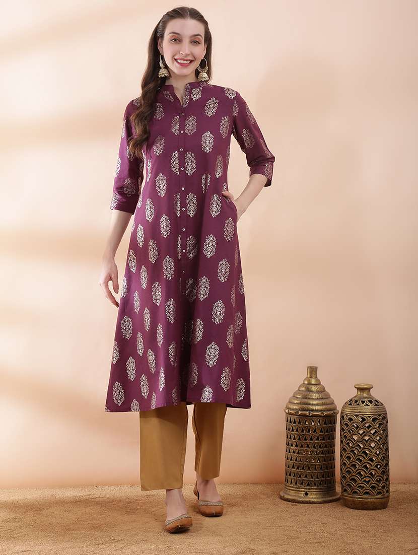 women foil printed three quarter sleeve a-line kurta