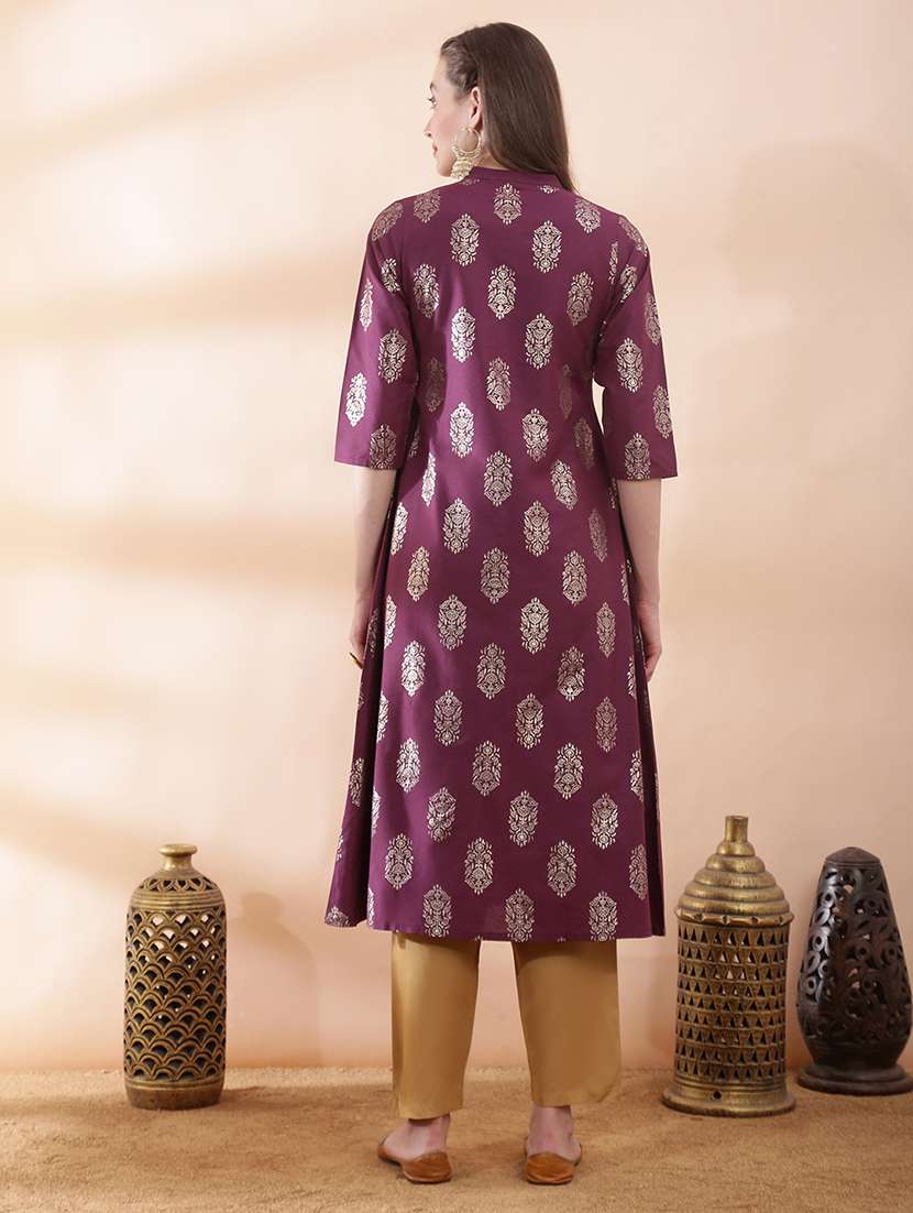 women foil printed three quarter sleeve a-line kurta - 22378296 -  Standard Image - 3