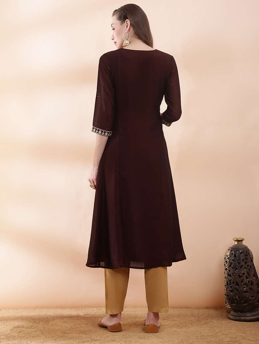 women solid with work three quarter sleeve a-line kurta - 22378298 -  Standard Image - 3