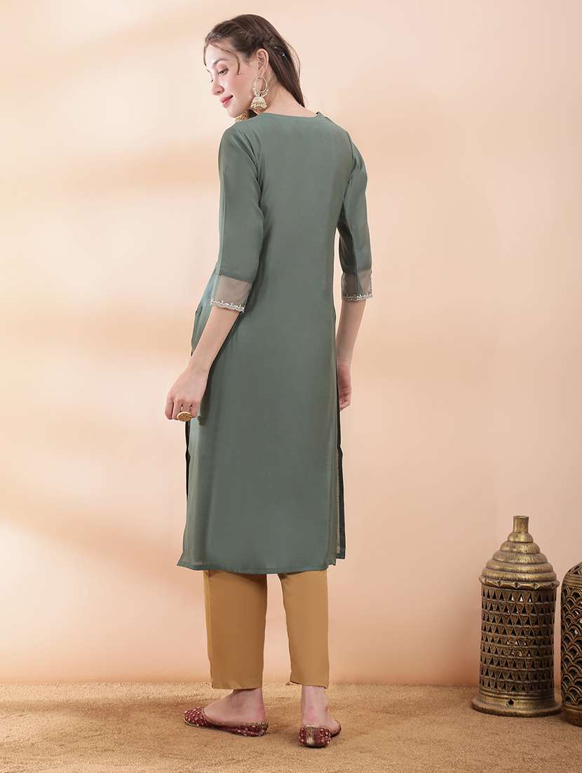 women solid with work three quarter sleeve straight kurta - 22378299 -  Standard Image - 3