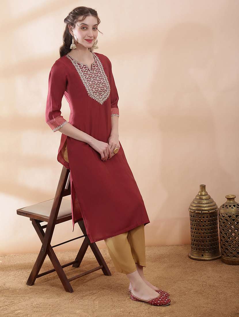 women solid with work three quarter sleeve straight kurta