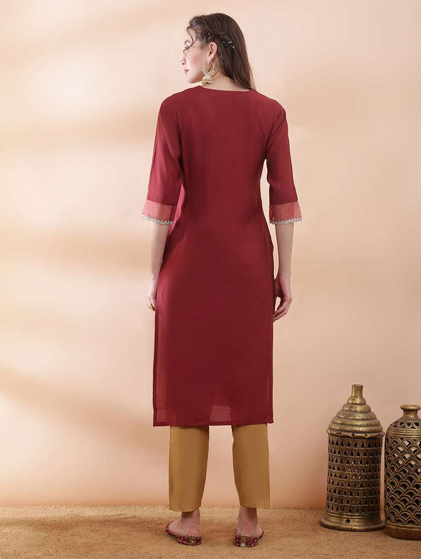 women solid with work three quarter sleeve straight kurta - 22378300 -  Standard Image - 3