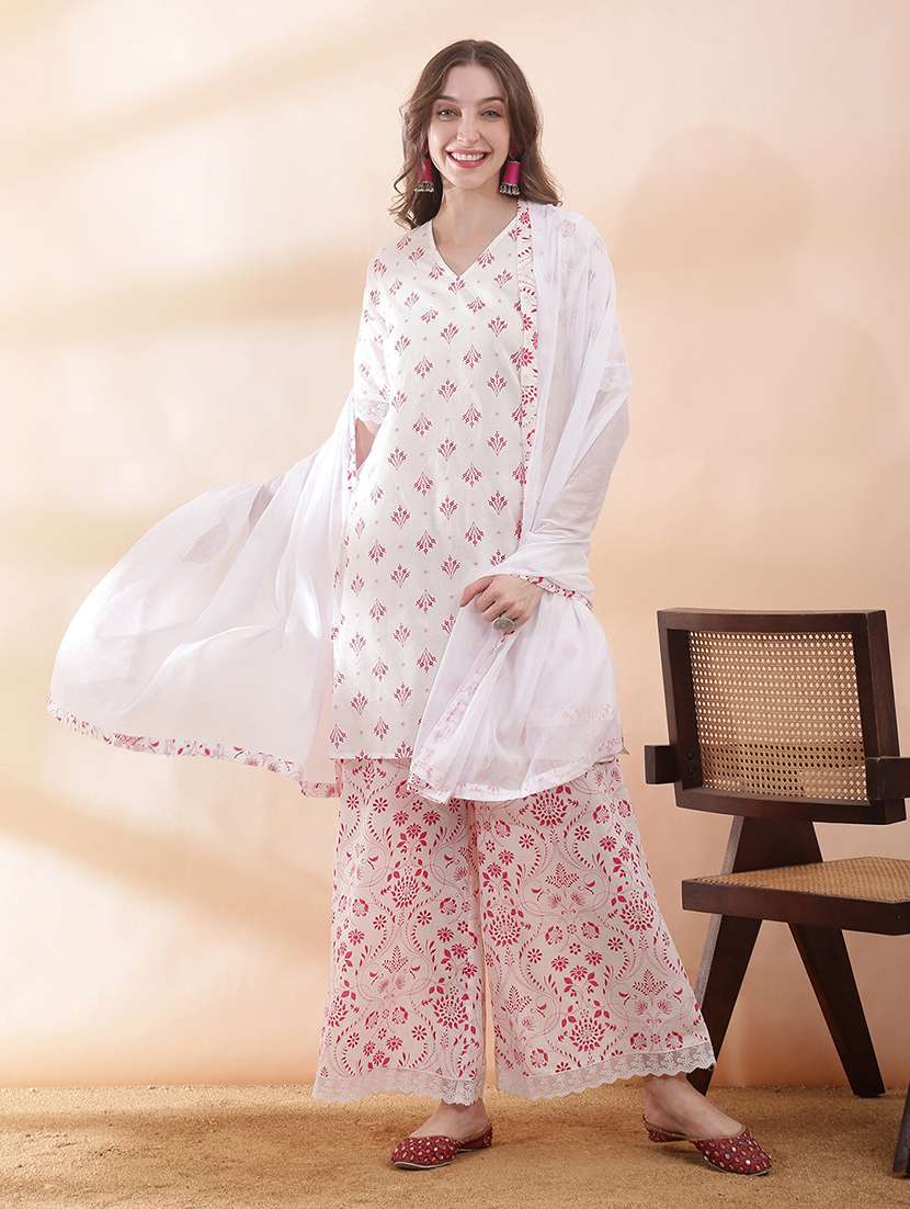 women printed short sleeve kurta palazzo with dupatta set