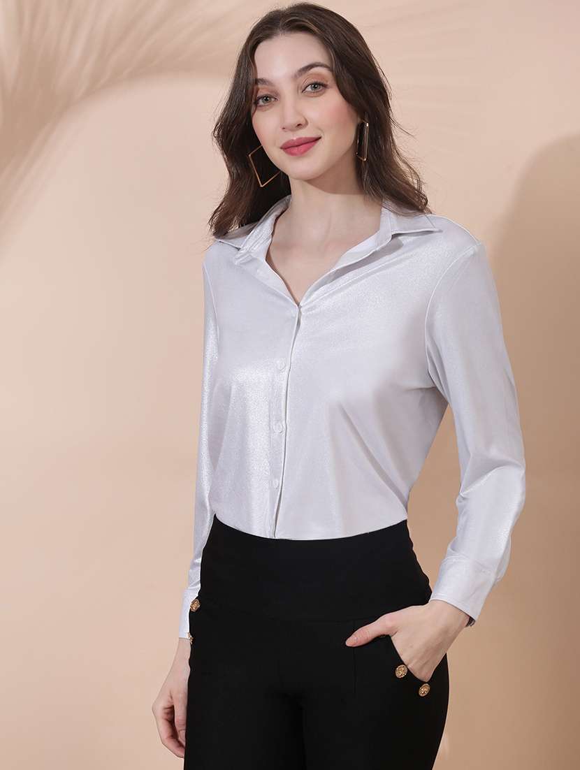 women solid collared long sleeve shirt
