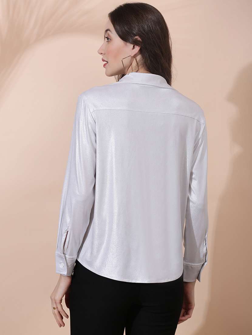 women solid collared long sleeve shirt - 22378317 -  Standard Image - 3